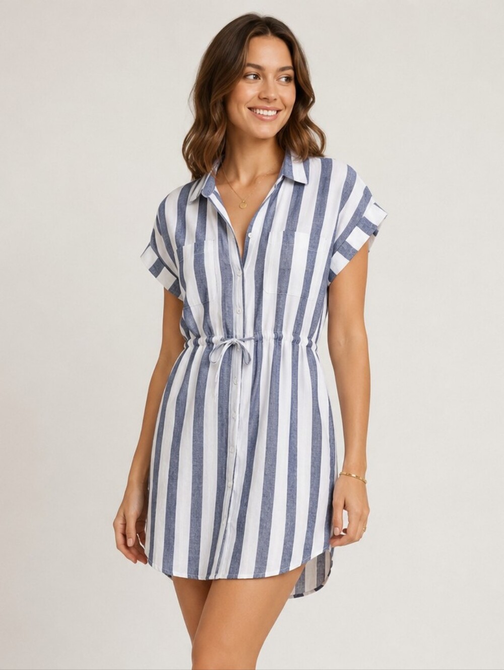 Japna | Striped Mini Shirt Dress High Low Button Coastal Beach Nautical Summer L